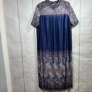 Vintage Silver Star Blue Floral Pleated Maxi Dress Cottagecore Boho Granny 16